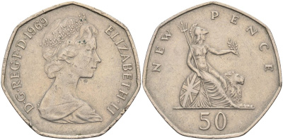 Великобритания 50 пенсов 1969 Елизавета II (1952-2022) KM 913, Spink 4223 (H1) медно-никель 4117-933