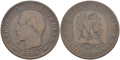 ФРАНЦИЯ 5 САНТИМОВ 1856 A, НАПОЛЕОН III (1852-1870) KM 777.1, LE FRANC 116.30 бронза 4448-111