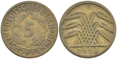 ГЕРМАНИЯ 5 РЕЙХСПФЕННИГОВ 1924 G, ВЕЙМАРСКАЯ РЕСПУБЛИКА KM 39, J. 316 алюминиевая бронза 216-1044