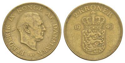 Дания 2 кроны 1949 N, Фредерик IX (1947-1972) KM 838 алюминиевая бронза 4634-532