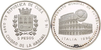 Куба 5 песо 1989 чемпионат мира по футболу в Италии 1990 года, Колизей KM 226.1 серебро PROOF 1066-10-43