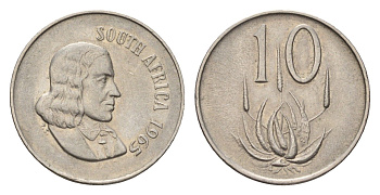 ЮАР 10 центов 1965 Ян ван Рибек (1619-1677), South Africa, легенда на африкаанс, цветок алоэ KM 68.1 никель 4674-926