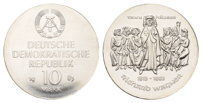 ГДР 10 марок 1983 A, 100 лет со дня смерти Рихарда Вагнера KM 92 серебро  UNC  1099-2-72