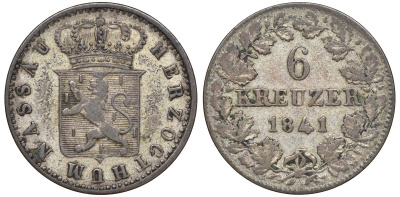 Нассау 6 крейцеров 1841 Адольф (1839-1866) KM 62 серебро    188-457