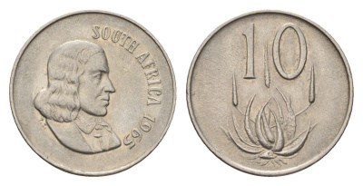 ЮАР 10 центов 1965 Ян ван Рибек (1619-1677), South Africa, легенда на африкаанс, цветок алоэ KM 68.1 никель 4674-926