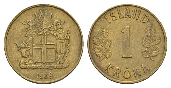 Исландия 1 крона 1969 KM 12a никель латунь aUNC 4633-1244