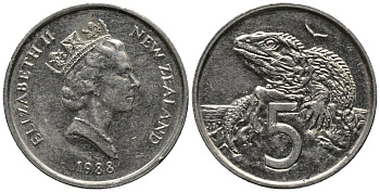 Новая Зеландия 5 центов 1988 ящерица гаттерия, Елизавета II (1952-) KM 60 медно-никель 105-315