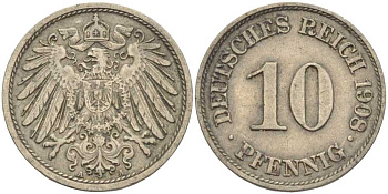 ГЕРМАНИЯ 10 ПФЕННИГОВ 1908 A KM 12, J. 13 медно-никель 31-442