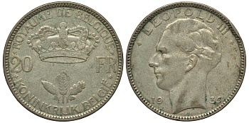 Бельгия 20 франков 1935 Леопольд III (1934-1950), BELGIЕ KM 105 серебро 443-614