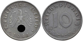 ГЕРМАНИЯ 10 РЕЙХСПФЕННИГОВ 1941 D KM 101, J. 371 цинк 4401-737