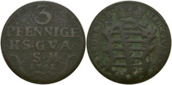 САКСЕН-ГОТА-АЛЬТЕНБУРГ 3 ПФЕННИГА 1761 KM 10 медь 65-617