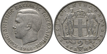 Греция 2 драхмы 1966 Константин II (1966-1973) KM 90 медно-никель 4577-722