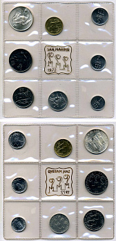 Сан-Марино годовой набор из 8 монет 1972 1, 2, 5, 10, 20, 50, 100 и 500 лир мать поднимает ребенка в воздух KM 14-21, в оригинальной пластиковой запайке серебро KM MS1 серебро UNC 3-4-5-7