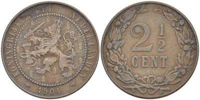 НИДЕРЛАНДЫ 2 1/2 ЦЕНТА 1904 ВИЛЬГЕЛЬМИНА I (1891-1948) KM 134 бронза 219-622