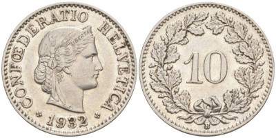 Швейцария 10 раппенов 1932 B KM 27b никель     3309-665
