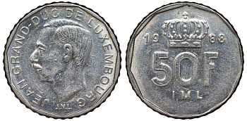 Люксембург 50 франков 1988 Великий герцог Жан (1964-1999) KM 62 никель 4143-135