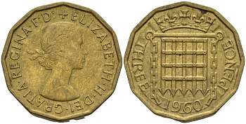 Великобритания 3 пенса 1960 Елизавета II (1952-2022) KM 900, Spink 4153 никель латунь 4146-345