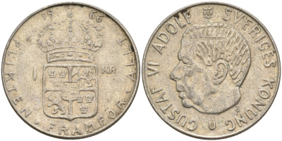 Швеция 1 крона 1966 U, Густав VI Адольф (1950-1973) KM 826 серебро 4150-215