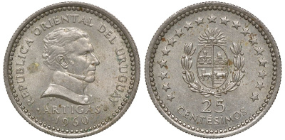 Уругвай 25 сентесимо 1960 KM 40 медно-никель 4169-853