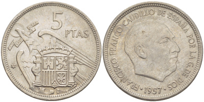 Испания 5 песет 1957 (71) Франсиско Франко (1939-1975) KM 786 медно-никель 216-632