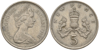 Великобритания 5 пенсов 1968 Елизавета II (1952-2022) KM 911, Spink 4233 (D1) медно-никель 4187-841