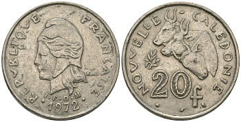 Французская Новая Каледония 20 франков 1972 три быка, (IEOM) KM 12, Schoen 14, Lec 106 никель 69-724
