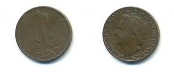 Нидерланды 1 цент 1948 Вильгельмина (1890-1948), год тип KM 175 бронза 80-945