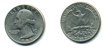 США 25 ЦЕНТОВ = КВОТЕР 1985 D, ВАШИНГТОН KM А164а медь плакированная медно-никелем 59-2016