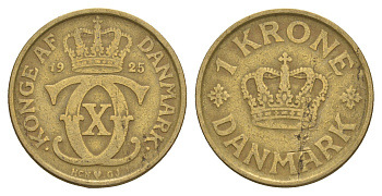 Дания 1 крона 1925 HCN, Кристиан X (1912-1947) KM 824 алюминиевая бронза 4657-331