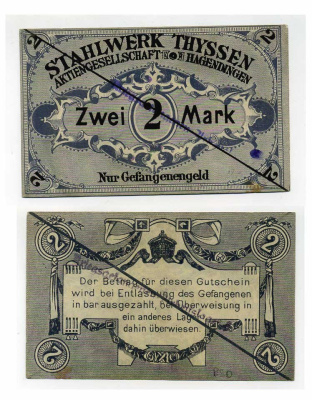 Германия 2 марки ND сталелитейные заводы Тиссена (THYSSEN), лагерь военнопленных Tieste 326.12 бумага 000-00-00