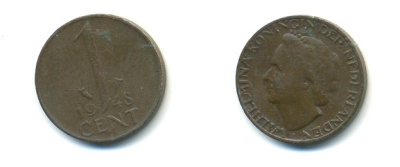Нидерланды 1 цент 1948 Вильгельмина (1890-1948), год тип KM 175 бронза 80-945