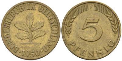 ФРГ 5 пфеннигов 1950 F KM 107 сталь плакированная латунью 4115-455