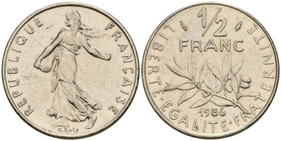 Франция 1/2 франка 1986 сеятель KM 931.1, Le Franc 198.25 никель 25-1153