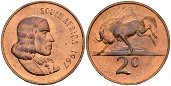 ЮАР 2 цента 1967 Ян ван Рибек (1619-1677), South Africa, легенда на английском, антилопа гну KM 66.1 бронза PROOFLIKE 4119-115