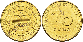 Филиппины 25 сентимо 2004  KM 271а латунь  UNC  4115-427