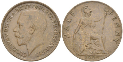 Великобритания 1/2 пенни 1920Георг V (1910-1936) KM 809, Spink 4056 бронза 4519-314
