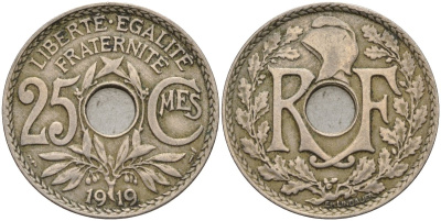 Франция 25 сантимов 1919 KM 867a, Le Franc 171.7 медно-никель 4142-1251