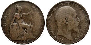 Великобритания 1 пенни 1906 Эдуард VII (1901-1910) KM 794.2, Spink 3990 бронза 180-222