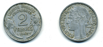 ФРАНЦИЯ 2 ФРАНКА 1949 KM 886а.1 алюминий 84-622