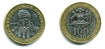 Чили 100 песо 2010 индейцы Мапуче KM 236 биметалл 41-612