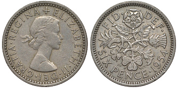Великобритания 6 пенсов 1954 Елизавета II (1952-2022) KM 903, Spink 4149 медно-никель 4128-826
