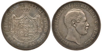 Гессен-Кассель 1 талер 1865 Фридрих Вильгельм I (1847-1866) КМ 621.2, Jaeger 48b, Thun 190, AKS 63, Davenport 695 серебро 00-822-58