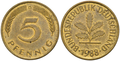 ФРГ 5 пфеннигов 1988 D KM 107, J.382 сталь плакированная латунью 4115-1229