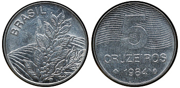 БРАЗИЛИЯ 5 КРУЗЕЙРО 1984 КОФЕ KM 591 сталь aUNC 72-944