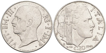 ИТАЛИЯ 20 ЧЕНТЕЗИМО 1941 R, ГОД XIX, ВИКТОР ЭММАНУИЛ III (1900-1946) KM 75b, VEM3. 1028 нержавеющая сталь 3853-625