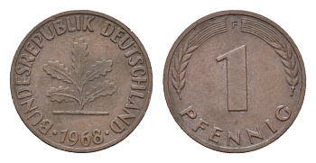 ФРГ 1 пфенниг 1968 F KM 105, J.380 сталь плакированная медью 4618-615