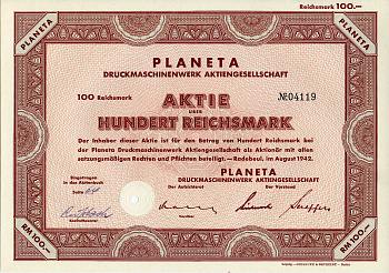 Германия 100 рейхсмарок 1942 АО Книгопечатные машины и оборудование Planeta, акция   бумага   8802-57-1