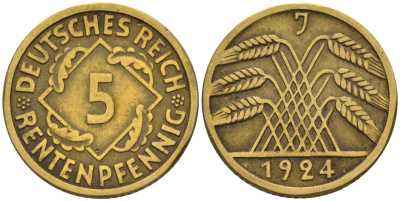 Германия 5 рентенпфеннигов 1924 J KM 32, J. 308 алюминиевая бронза 4151-669