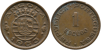 Португальская Ангола 1 эскудо 1963 KM 76 бронза 33-942
