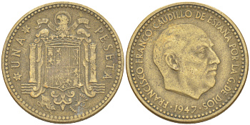 Испания 1 песета 1947 (53) Франсиско Франко (1939-1975) KM 775 алюминиевая бронза 216-542